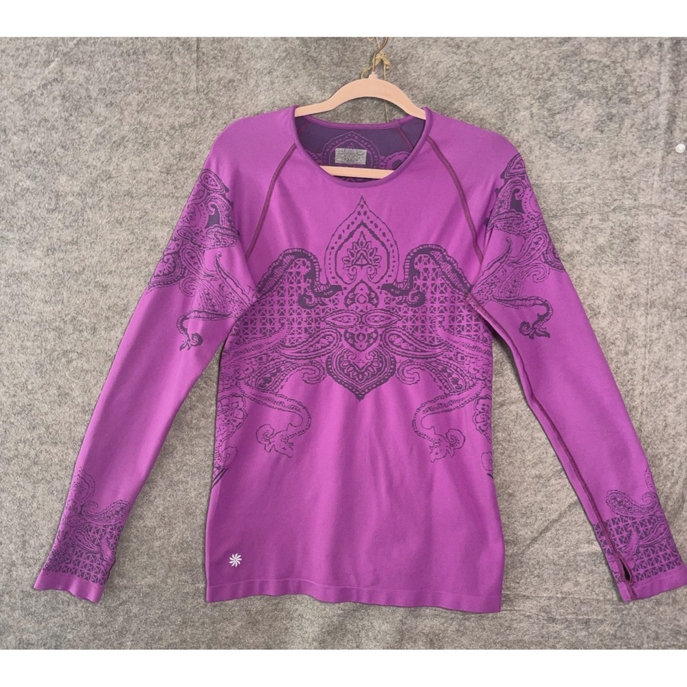 Athleta Tattoo Twist Top Womens Sz L Magenta Purple Pullover Stretch Thumb Holes